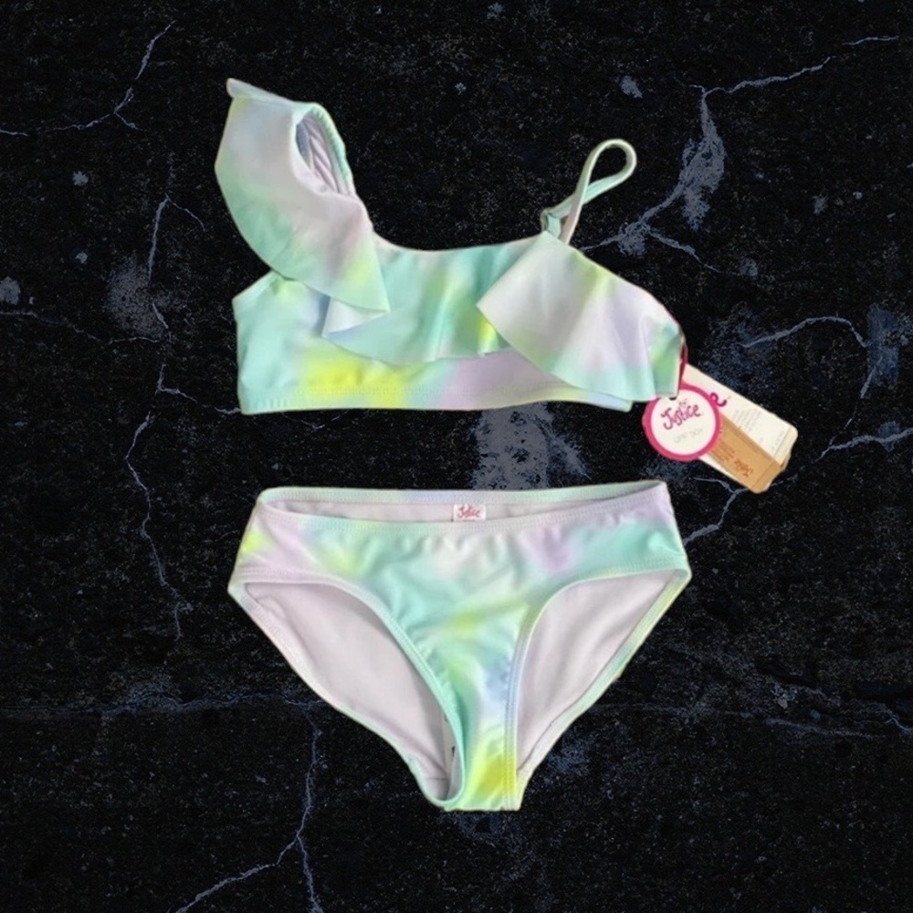 Justice 2 piece bikini purple blue greenish yellow tie dye  Size: X Small (5-6)